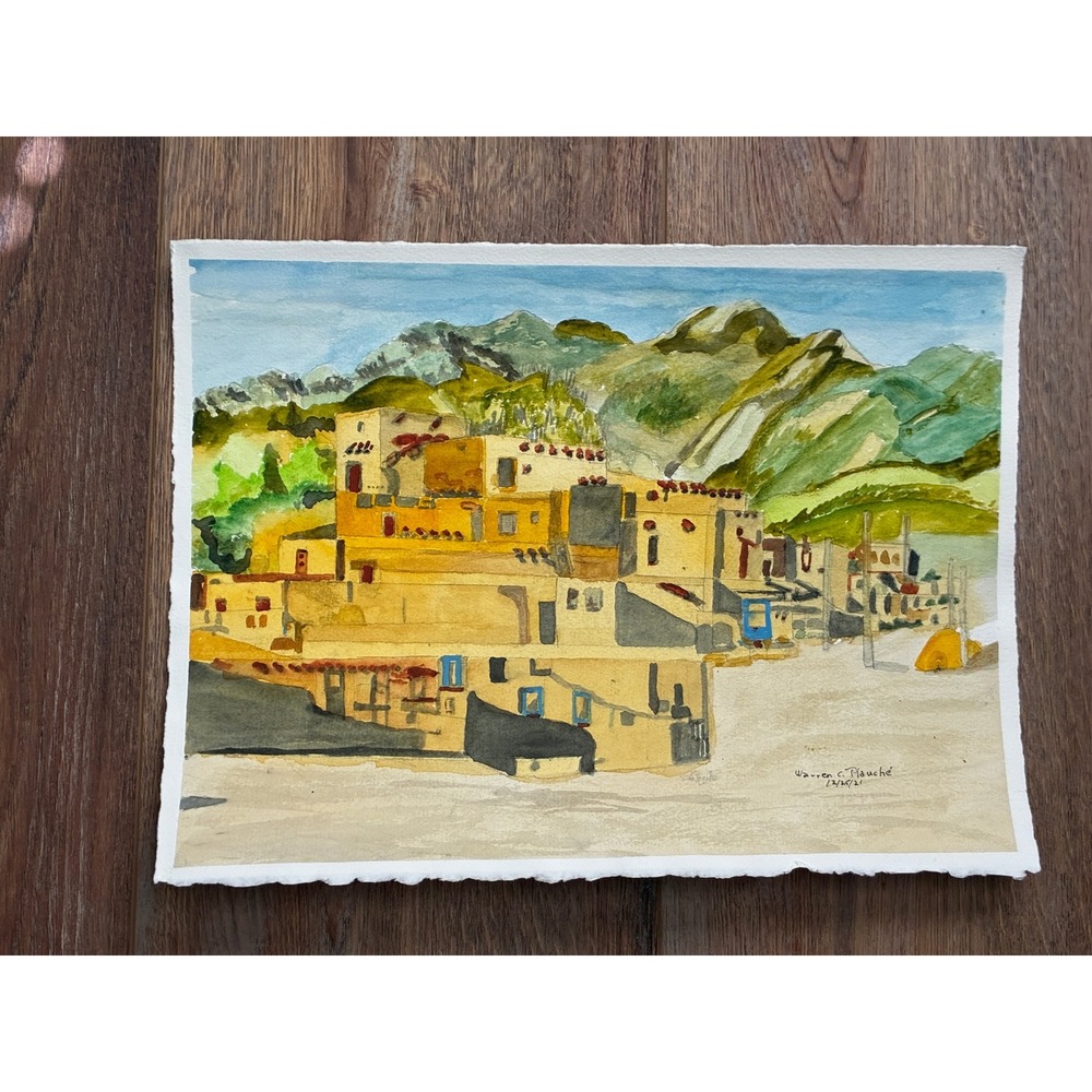 Warren C Plauche Taos Pueblo Original Watercolor Painting 2021 New Mexico Art